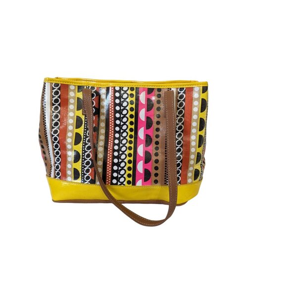 Nine West Yellow Tote Bag With Geometric Striped Pattern Faux Leather Colorful - Picture 2 of 10